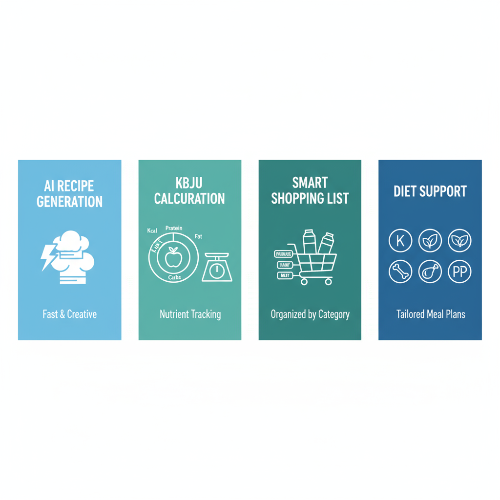 Основные функции генератора рецептов: генерация, расчет КБЖУ, списки покупок, диеты